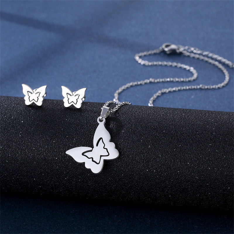 Stainless Steel Necklace Ear Stud Combination Suit Weloria
