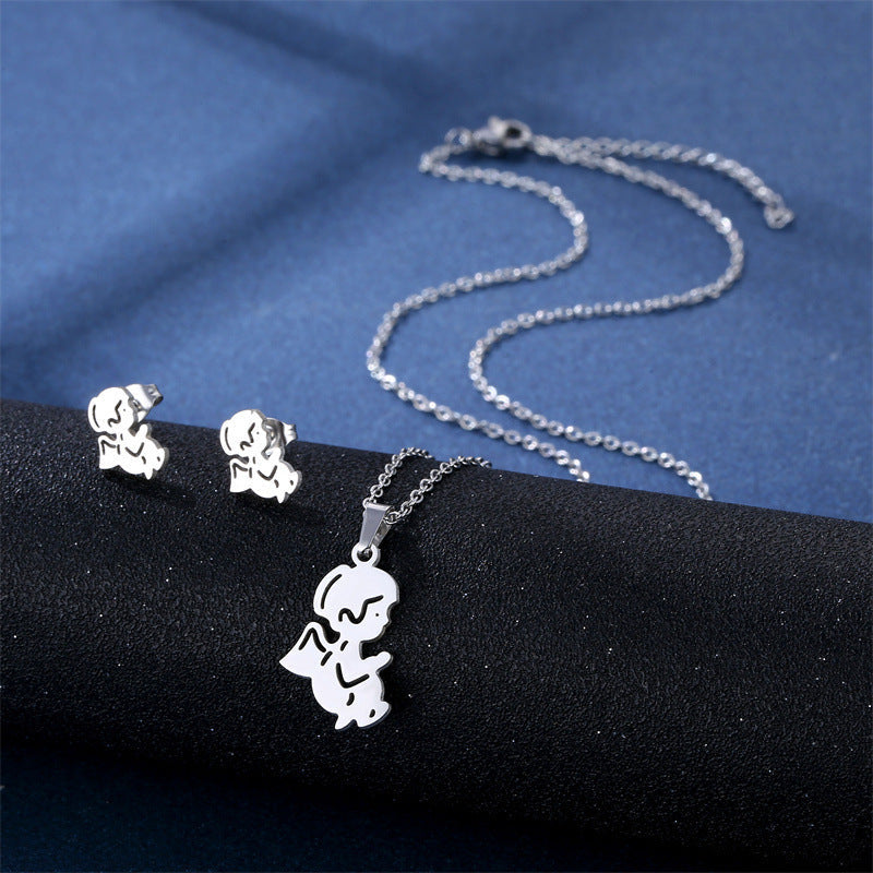 Stainless Steel Necklace Ear Stud Combination Suit Weloria