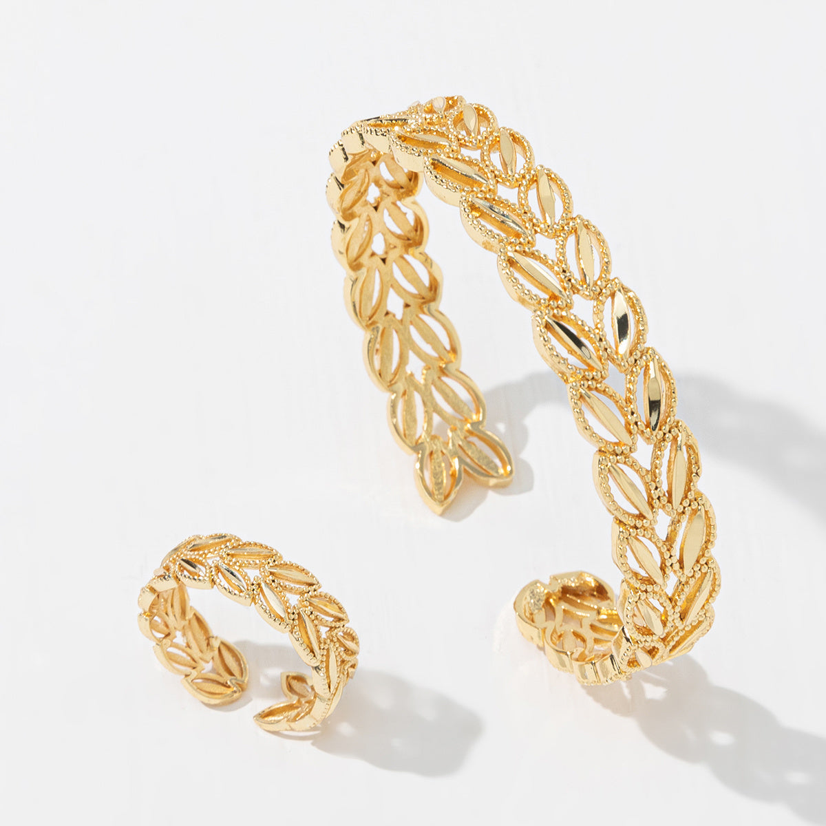 2Pcs Fashion 18k Gold Plated Wheat Ear Leaves Opening Bracelet Ring Set Suitable For Women's Daily Wear Holiday Jewelry Gifts Weloria