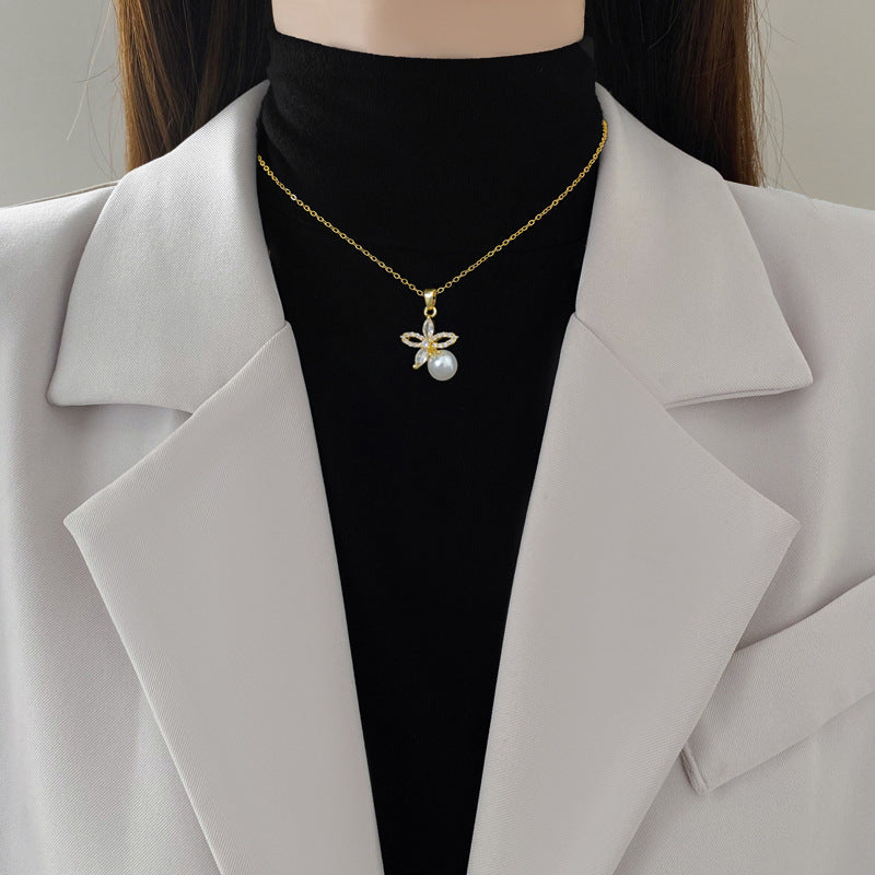 Titanium Steel Necklace And Earrings Suite Light Luxury Full Diamond Weloria