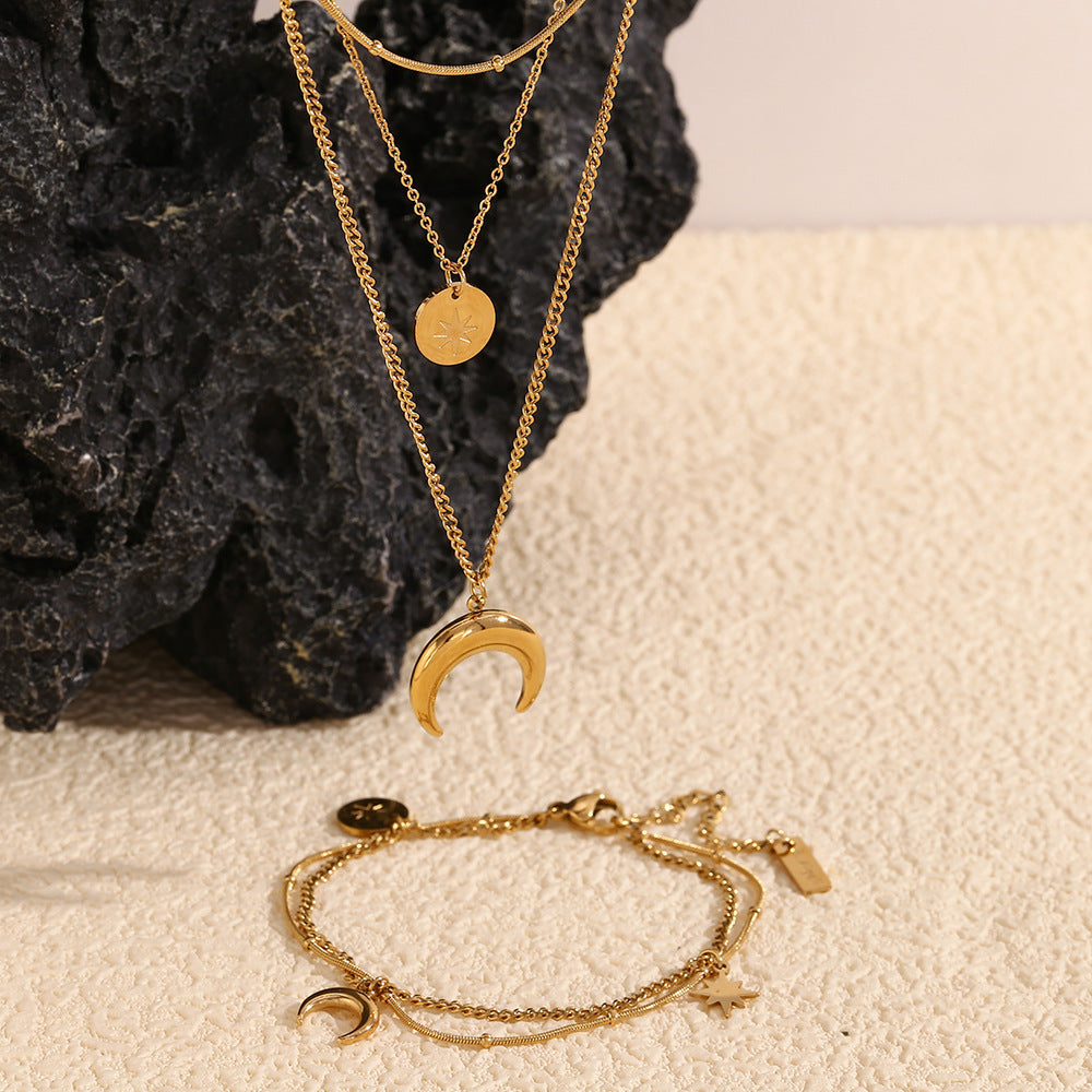 Vintage Necklace Stainless Steel Plated 18K Gold Moon Eight Awn Star Bracelet Weloria
