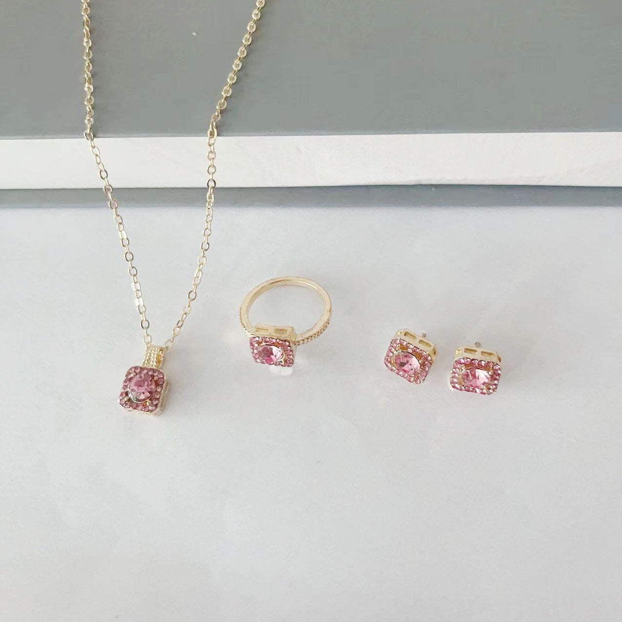 Square Women's Fashion Simple Necklace Rings Ear Studs Three-piece Set Weloria