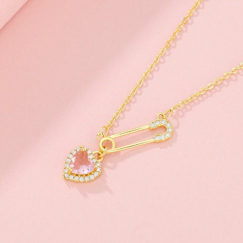Rhinestone Heart-shaped Pin Necklace Special-interest Design Exquisite High-grade Light Luxury Clavicle Chain Weloria