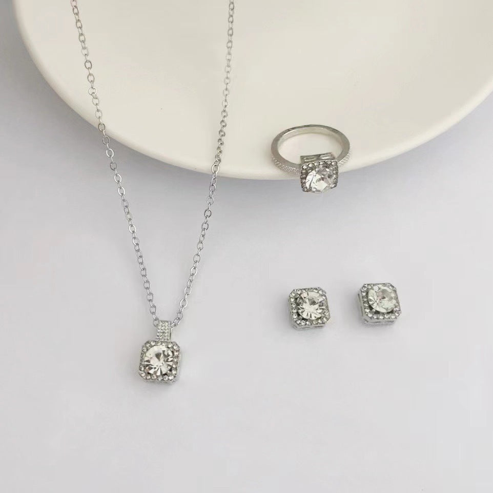 Square Women's Fashion Simple Necklace Rings Ear Studs Three-piece Set Weloria