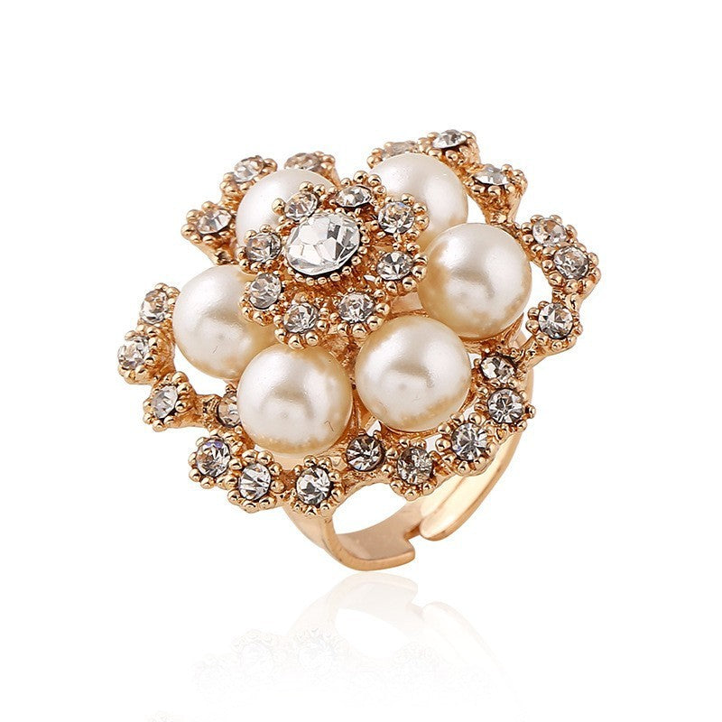 Simple Retro Fashion Refined Rhinestone Pearl Flower Ring Weloria