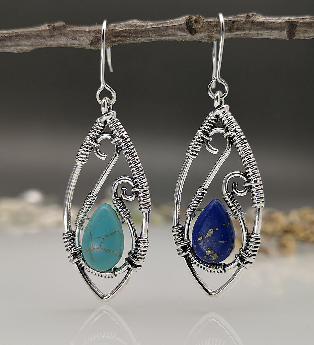 Creative Lapis Retro Silver String Winding Turquoise Earrings Weloria