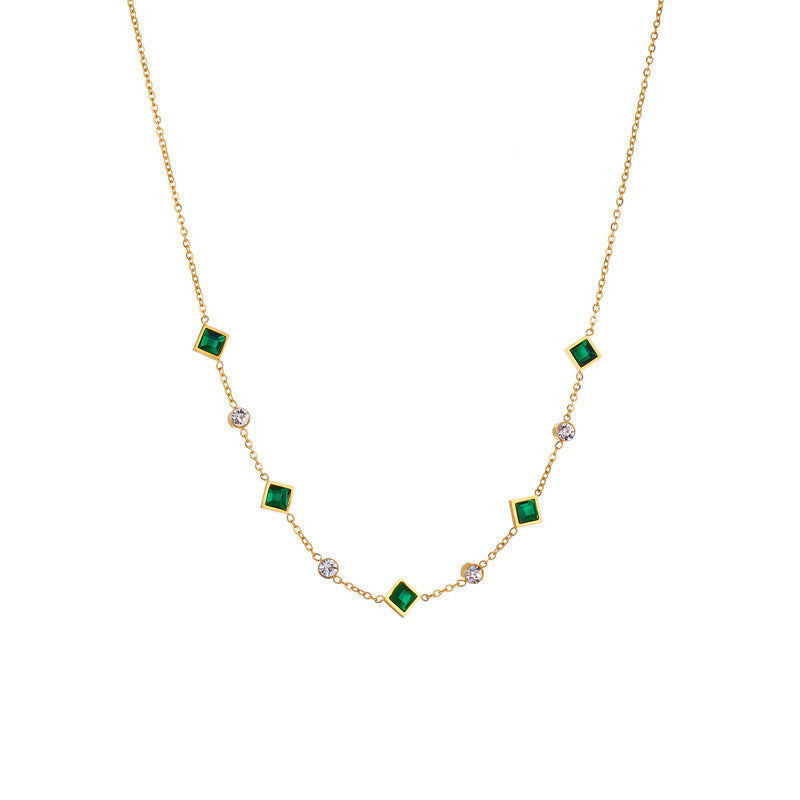 Stainless Steel Cube Emerald Zircon Personality Simple Niche Does Not Fade Necklace Weloria