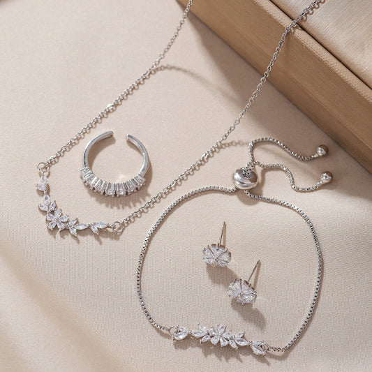 Simple Elegant Zircon Inlaid Jewelry Set Silver Flower Necklace Exquisite Earrings Bracelet Ring Suitable For Women's Daily Holiday Wear Weloria