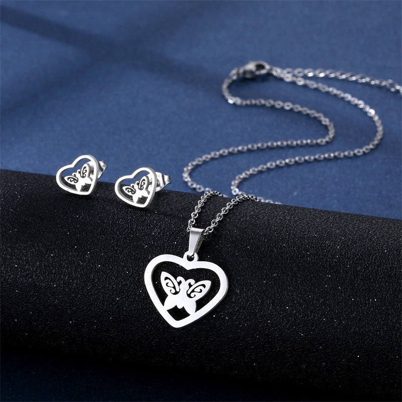 Stainless Steel Necklace Ear Stud Combination Suit Weloria