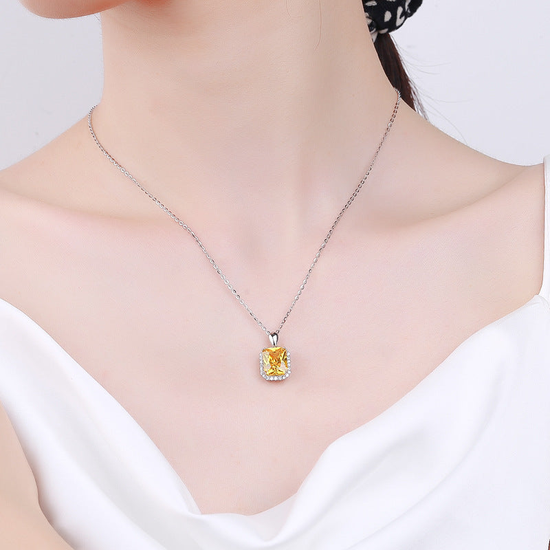 S925 Sterling Silver Princess Square Yellow Diamond Necklace Earrings Weloria
