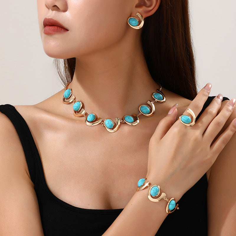 Inlaid Turquoise Spiral Earrings Necklace Bracelet Ring Set Weloria