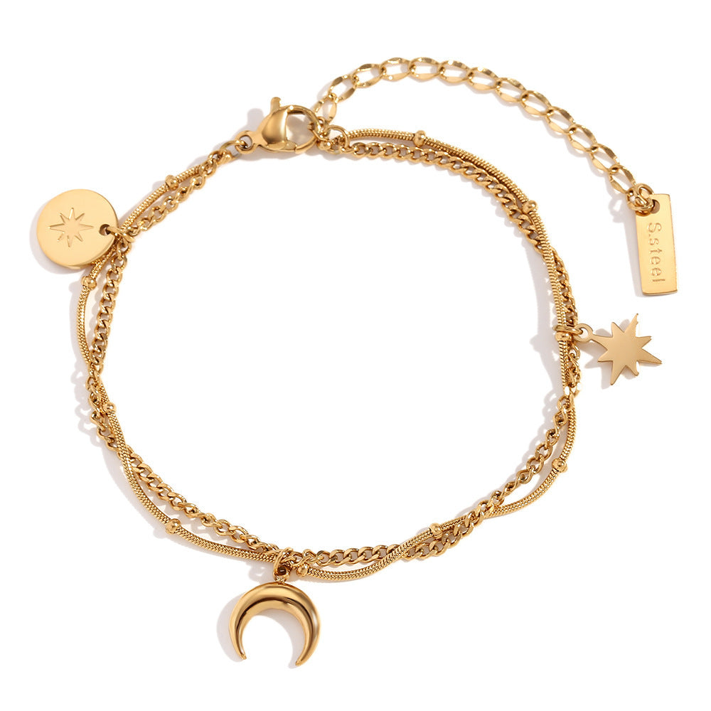 Vintage Necklace Stainless Steel Plated 18K Gold Moon Eight Awn Star Bracelet Weloria