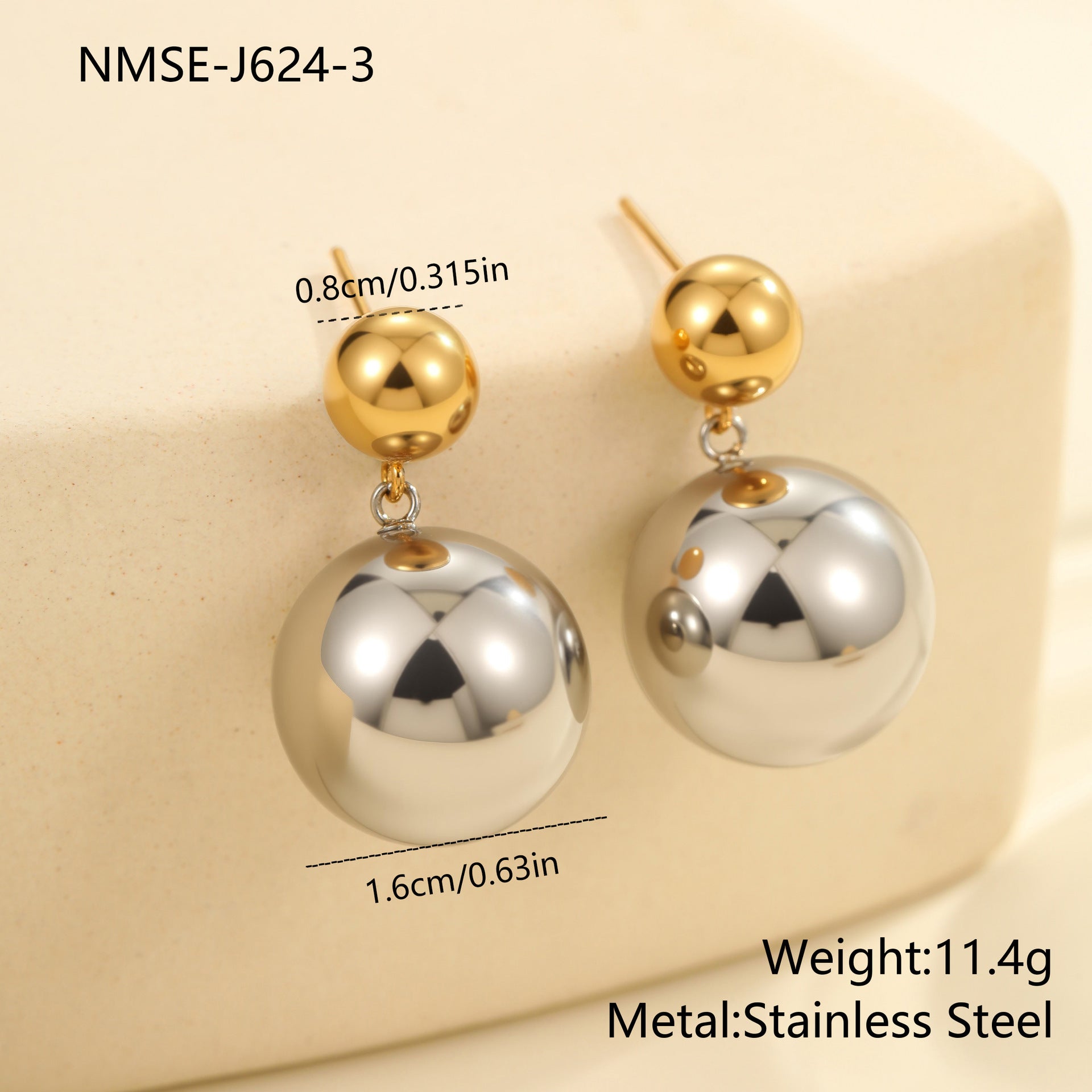 Round Beads Stainless Steel Color-block Ear Stud Weloria