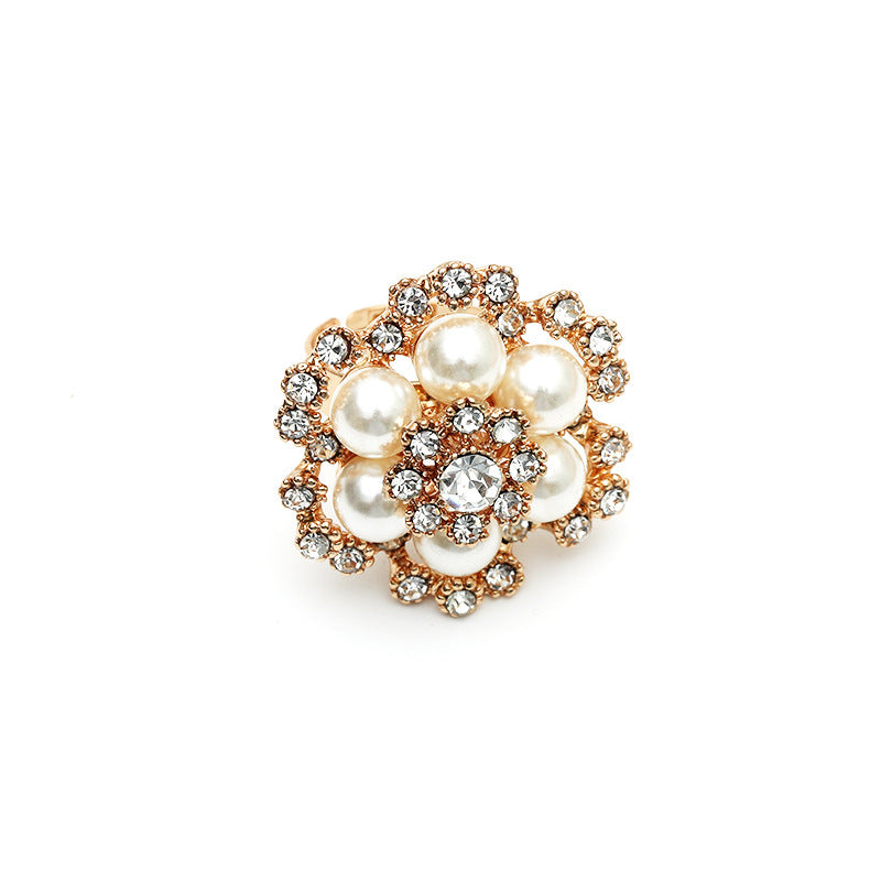 Simple Retro Fashion Refined Rhinestone Pearl Flower Ring Weloria