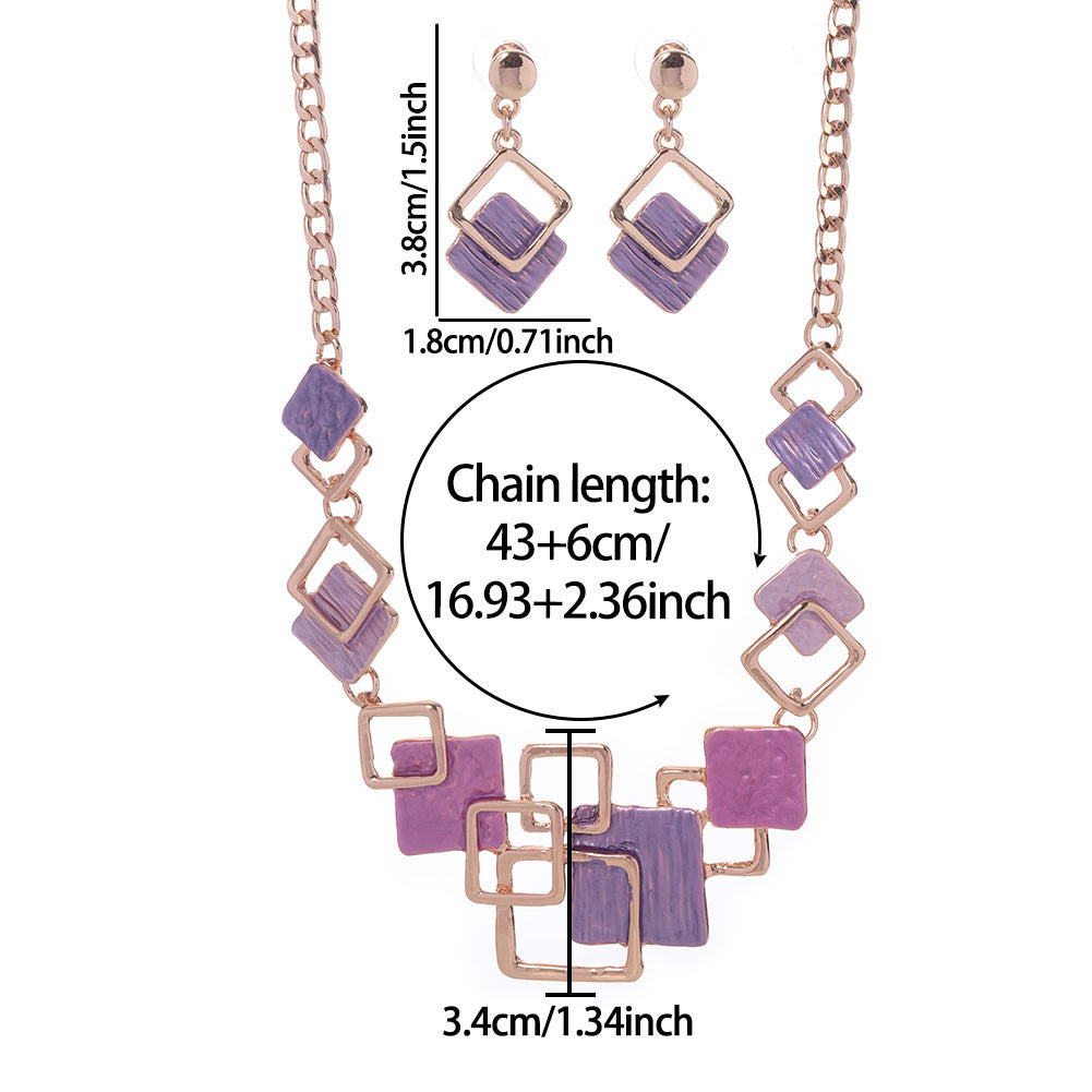 Necklace And Earrings Kit Zinc Alloy Geometric Square Color Oil Necklace Hollow Female Weloria