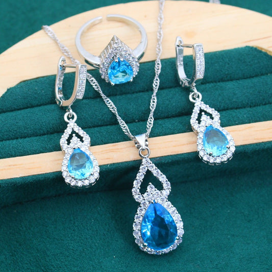 Zircon Inlaid Water Drop Jewelry Earring Ring Necklace Weloria