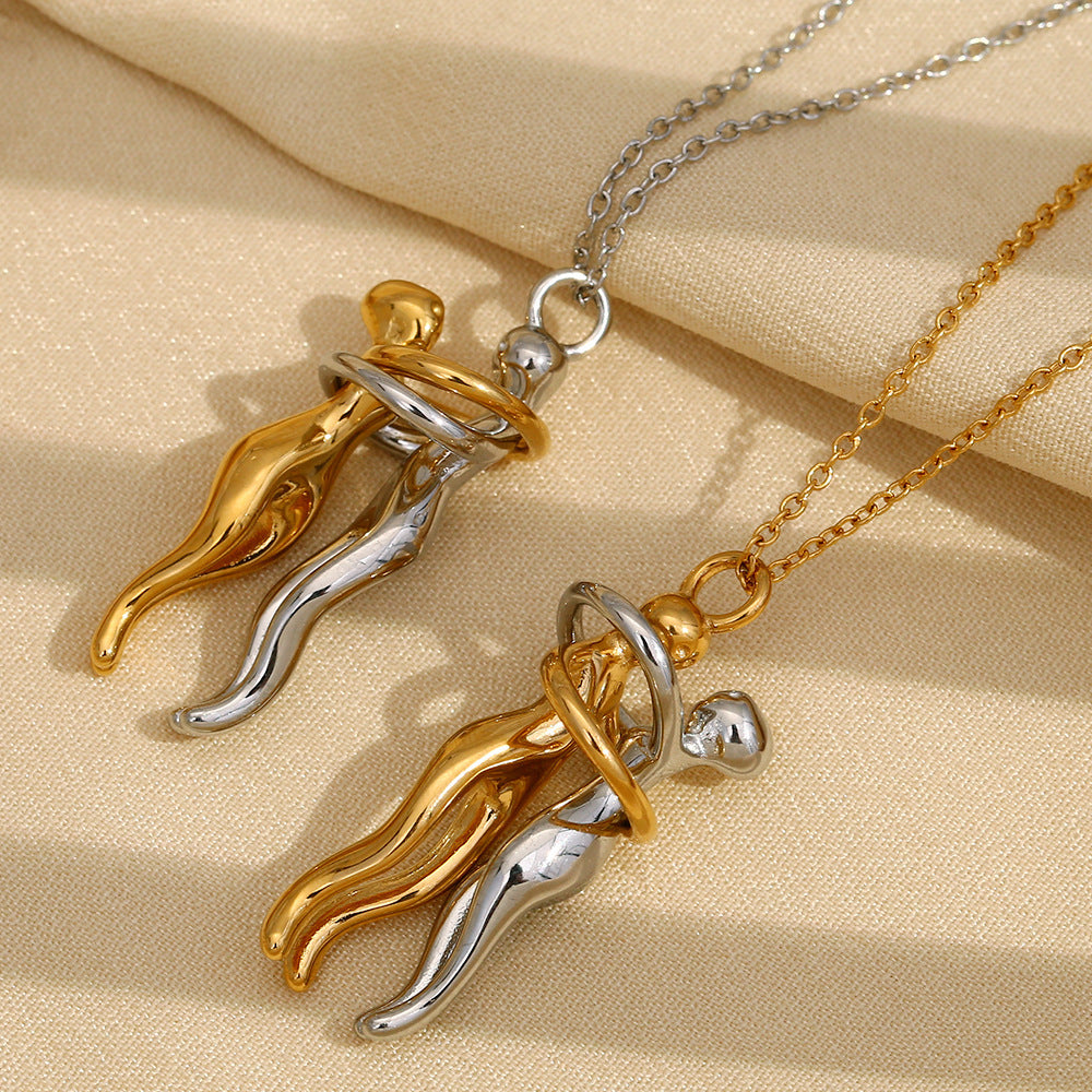Stainless Steel 18K Gold Plating Lovers Hug Two-tone Necklace Weloria