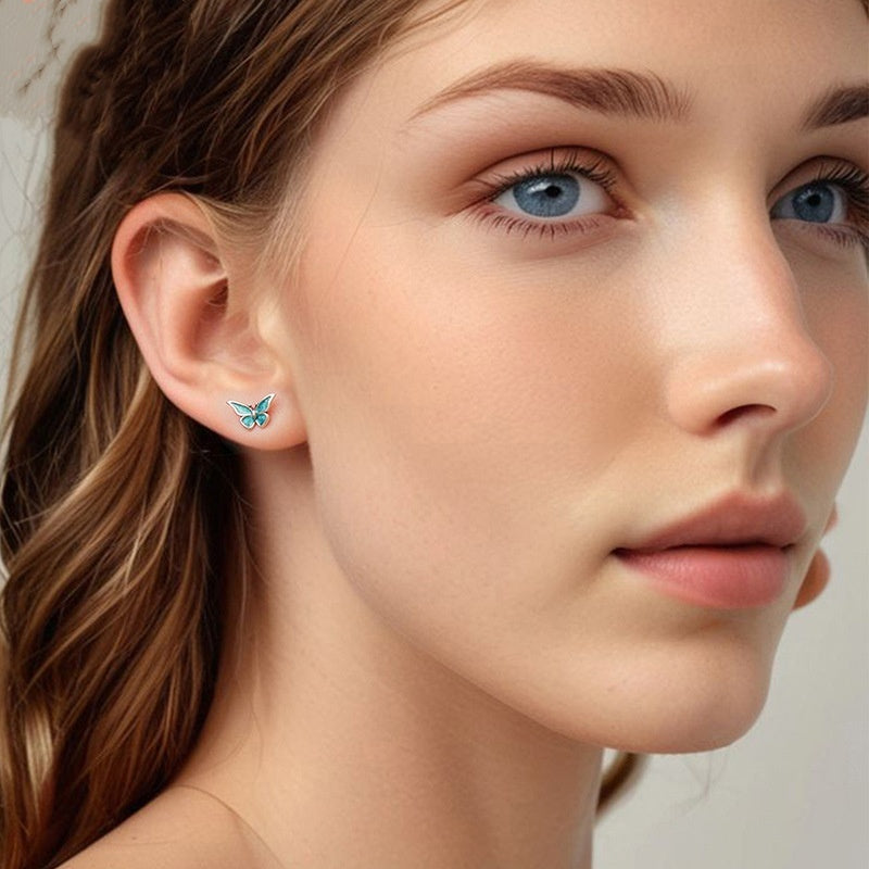 S925 Sterling Silver Blue Butterfly Small Ear Studs Weloria