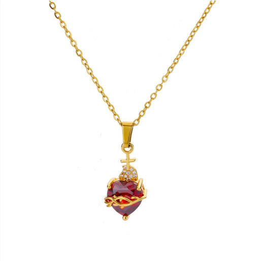 New Heart-shaped Cross Zircon Necklace Red Pendant Female Personality Weloria