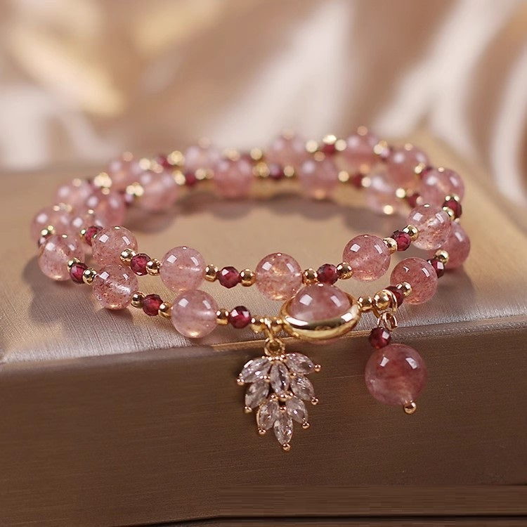 New Double Circle Strawberry Quartz Bracelet Women Weloria