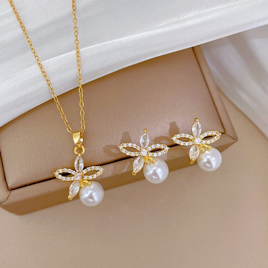 Titanium Steel Necklace And Earrings Suite Light Luxury Full Diamond Weloria