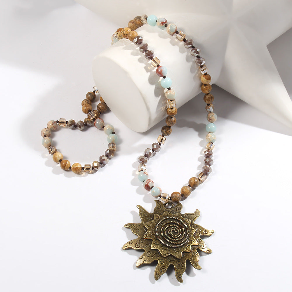 Glass Knotted Necklace Ancient Cyan Sun Pendant Necklace Sweater Chain Weloria