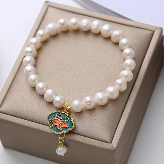 Natural Freshwater Pearl Lotus Goldfish Pendant Vintage Minimalist Baroque Bracelet Weloria