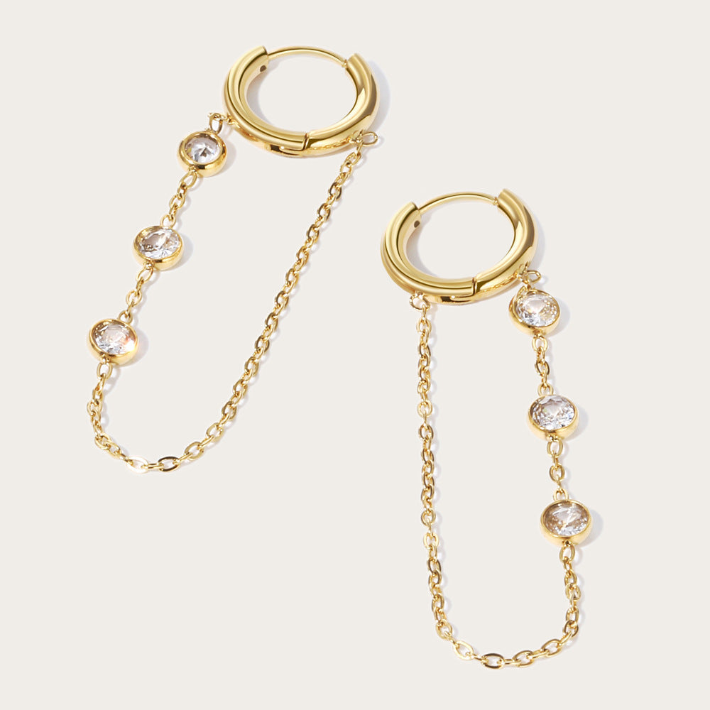 Internet Hot Chain Zircon Tassel Titanium Steel Earrings Weloria