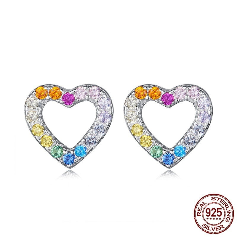 S925 Sterling Silver Colorful Heart-shaped Zircon Stud Earrings Weloria