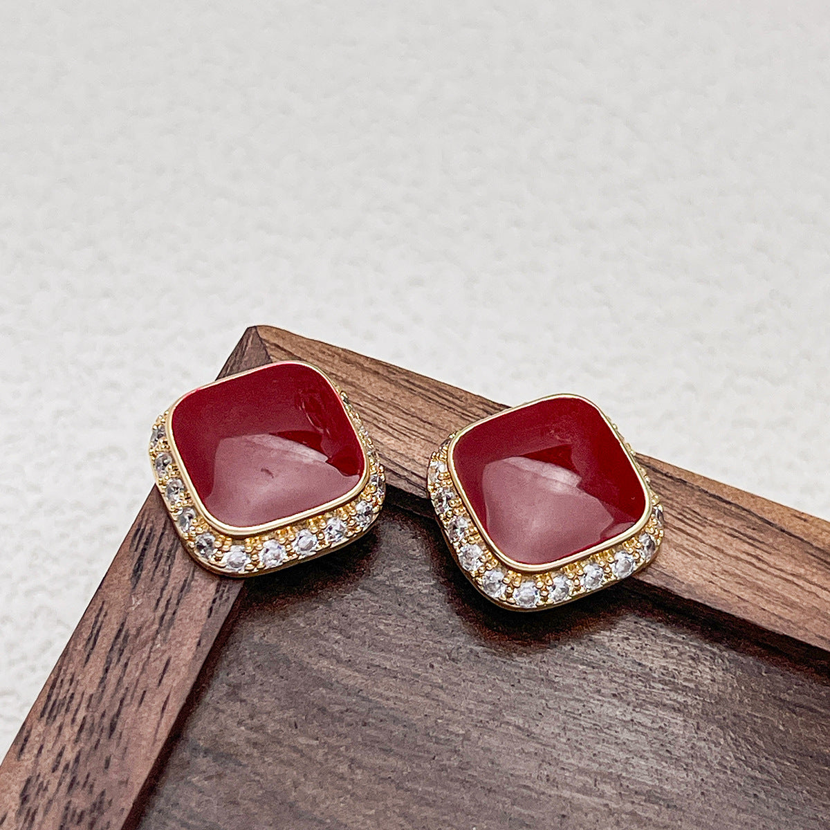 Retro Red Plate Temperament Inlaid Square Simple And Stylish Earrings Weloria