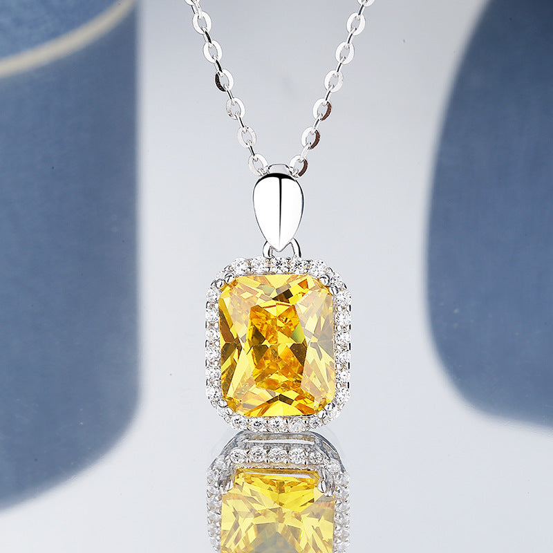 S925 Sterling Silver Princess Square Yellow Diamond Necklace Earrings Weloria