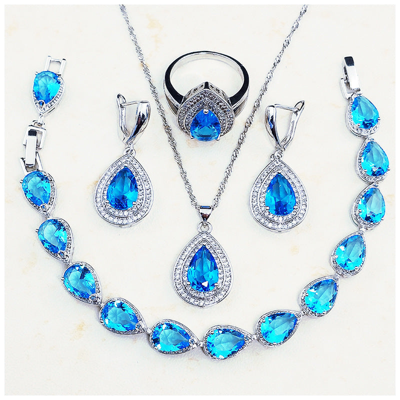 Jewelry Four-piece Set Rings Pendants Earrings Drop-shaped Gem Weloria