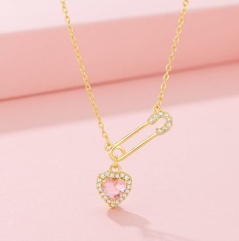 Rhinestone Heart-shaped Pin Necklace Special-interest Design Exquisite High-grade Light Luxury Clavicle Chain Weloria