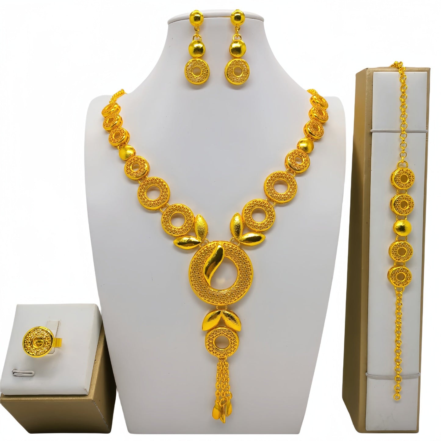 Saudi Arabia 24k Gold Accessories African Bridal Necklace Earring Ring Bracelet Suit Weloria