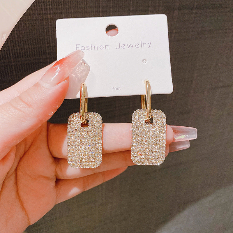 925 Silver Needle Exaggerated Geometric Full Diamond Earrings Weloria