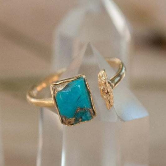 Fashion Simple European And American Style Inlaid Turquoise Open Adjustable Ring Weloria