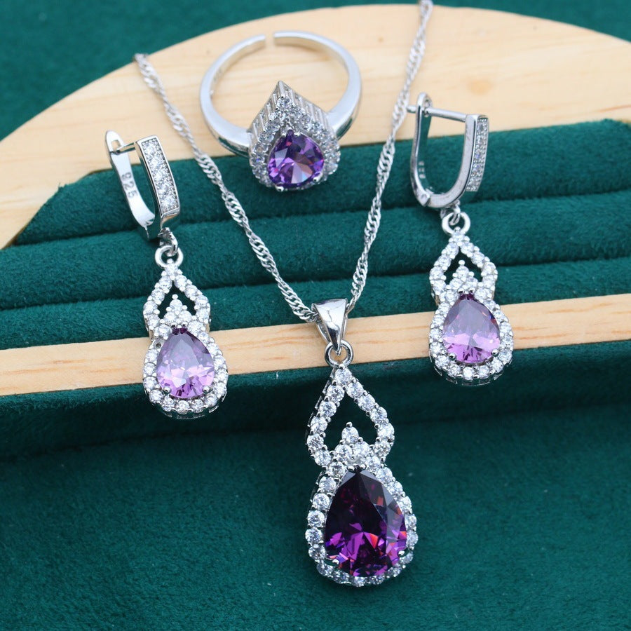 Zircon Inlaid Water Drop Jewelry Earring Ring Necklace Weloria
