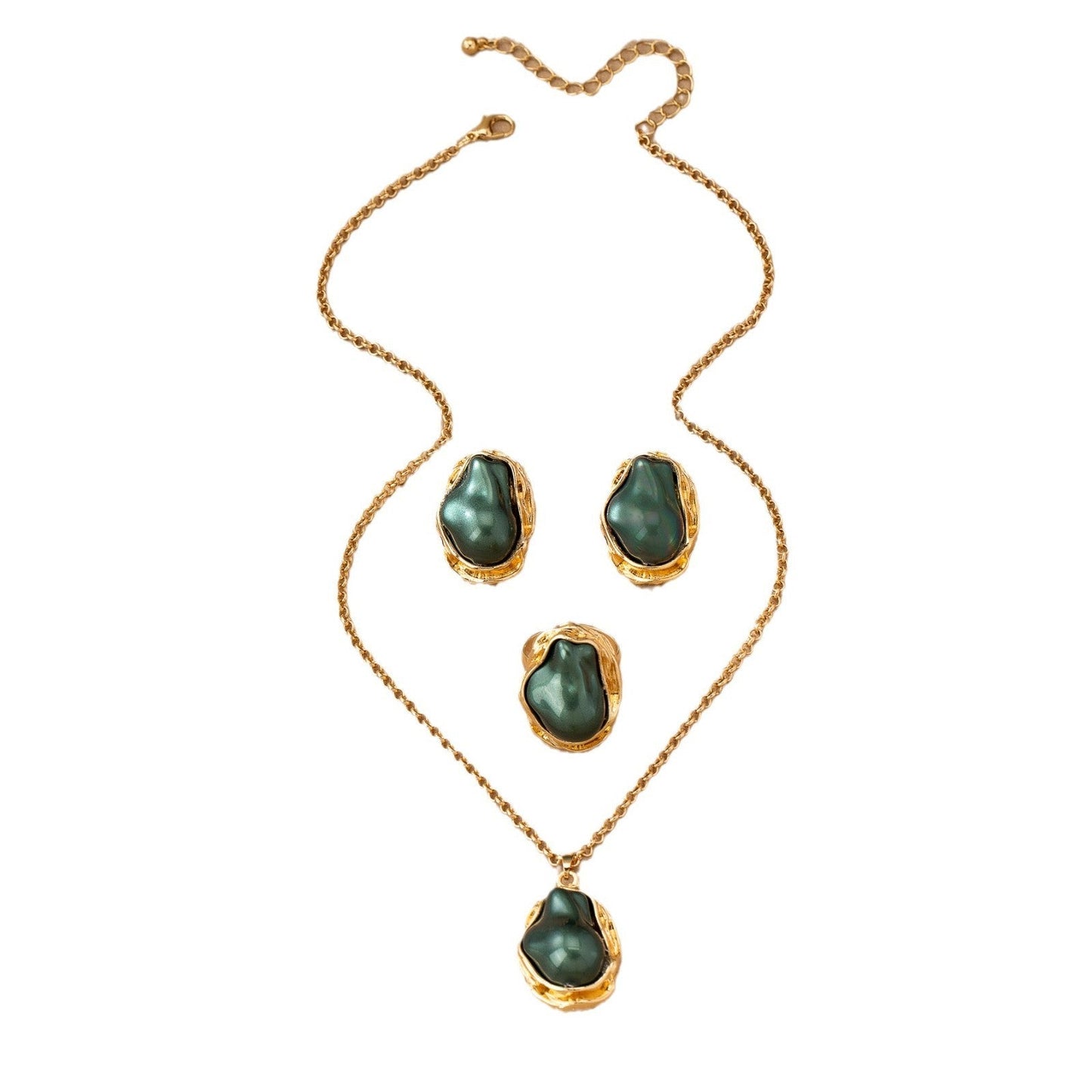 Retro Green Irregular Inlaid Imitation Pearl Necklace Ear Stud And Ring Weloria