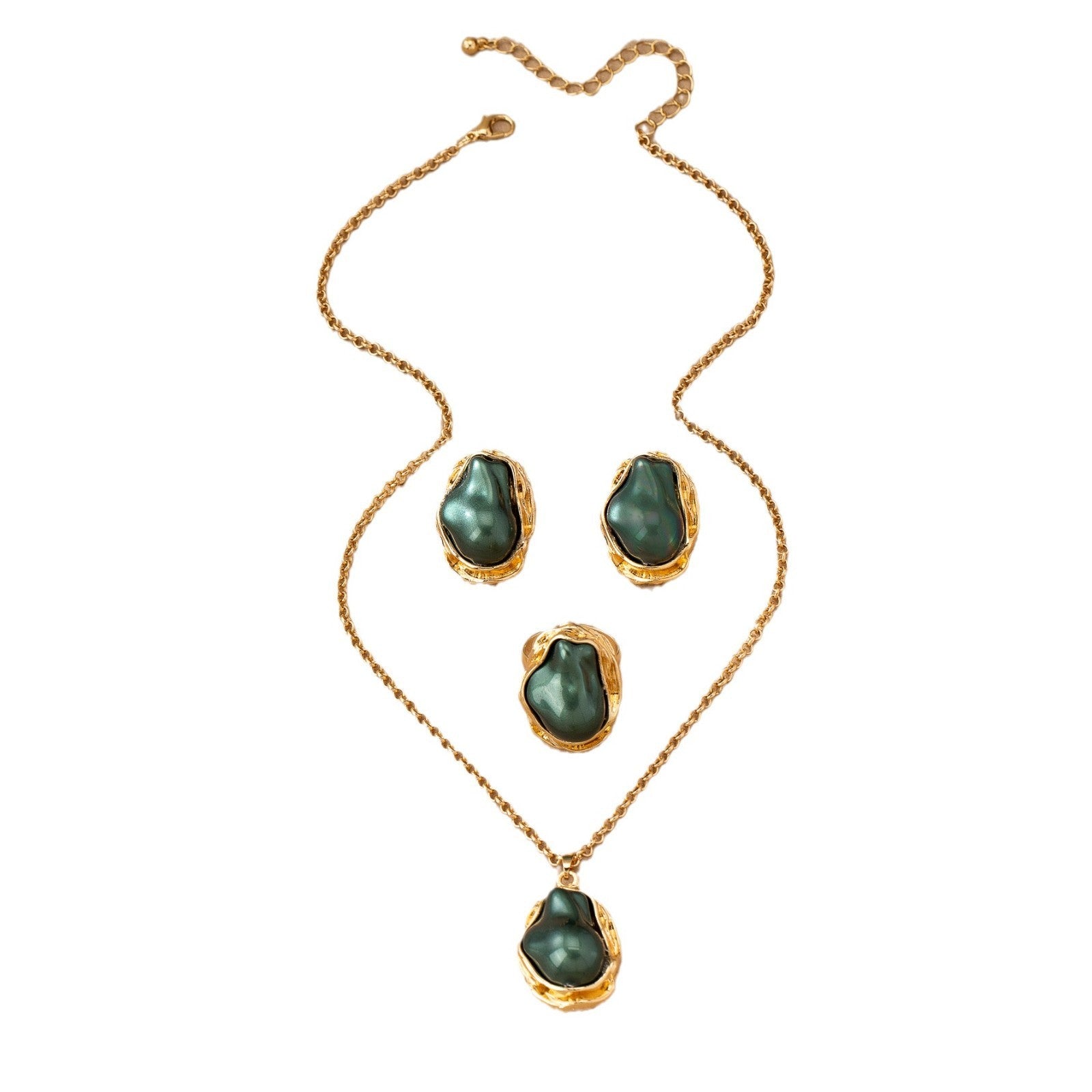 Retro Green Irregular Inlaid Imitation Pearl Necklace Ear Stud And Ring Weloria