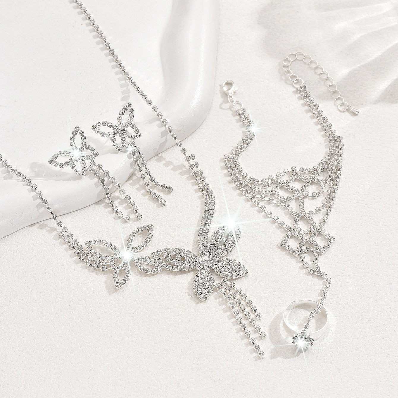 Butterfly Tassel Rhinestone Necklace Earring Bracelet 3 Pieces Suit Weloria