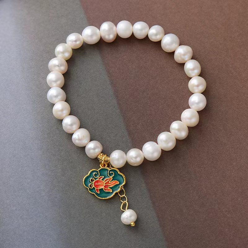 Natural Freshwater Pearl Lotus Goldfish Pendant Vintage Minimalist Baroque Bracelet Weloria