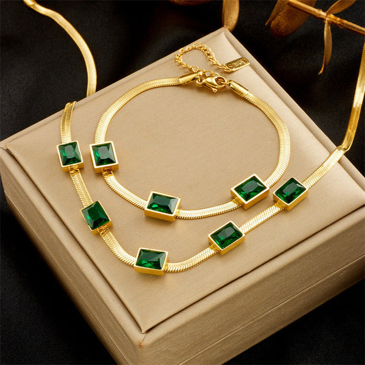 Simple Square Green Zircon Titanium Steel Necklace And Bracelet Suit Combination Weloria
