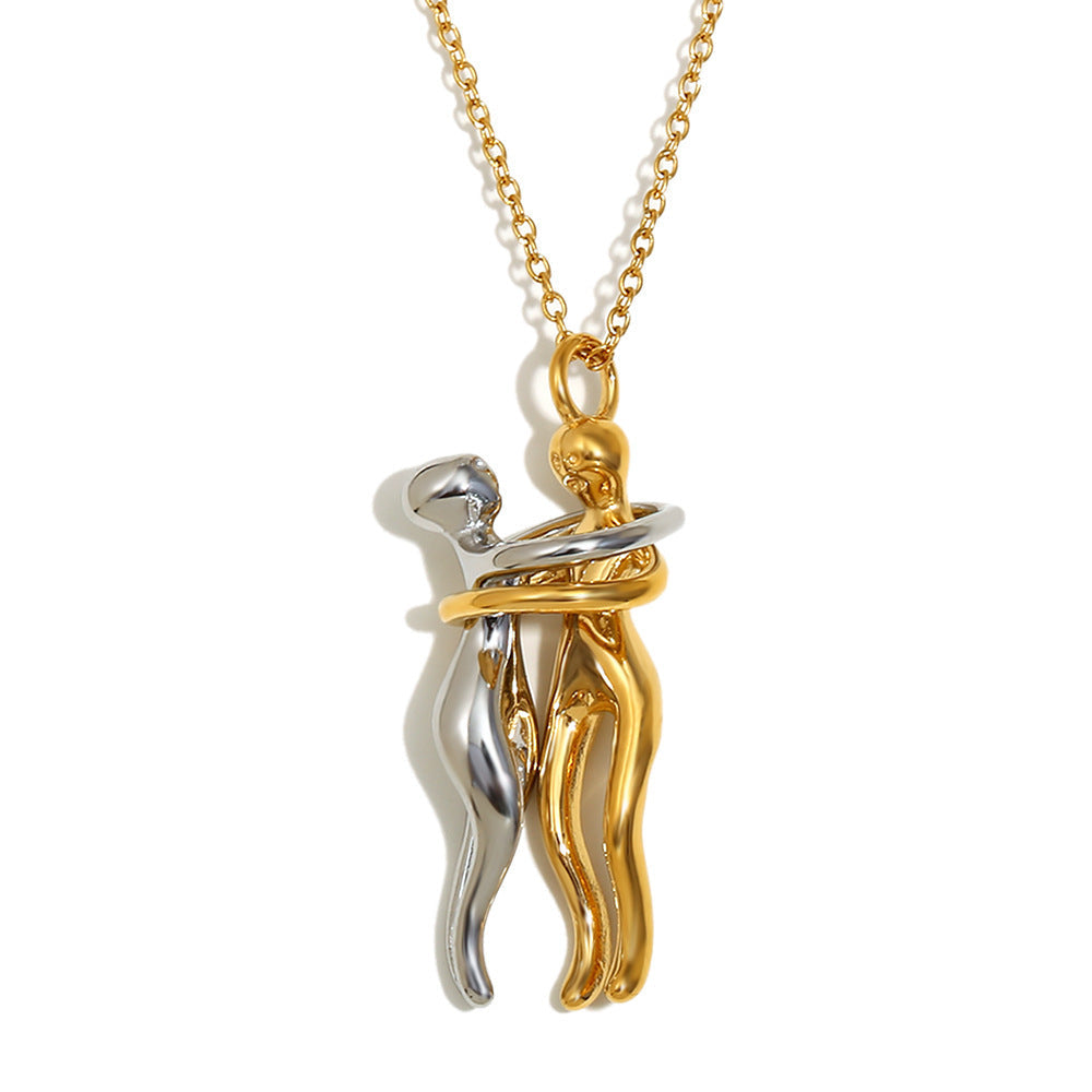 Stainless Steel 18K Gold Plating Lovers Hug Two-tone Necklace Weloria