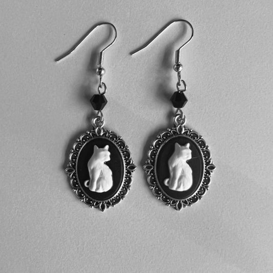 Gothic Black Cat Silver Frame Beads Earrings Weloria