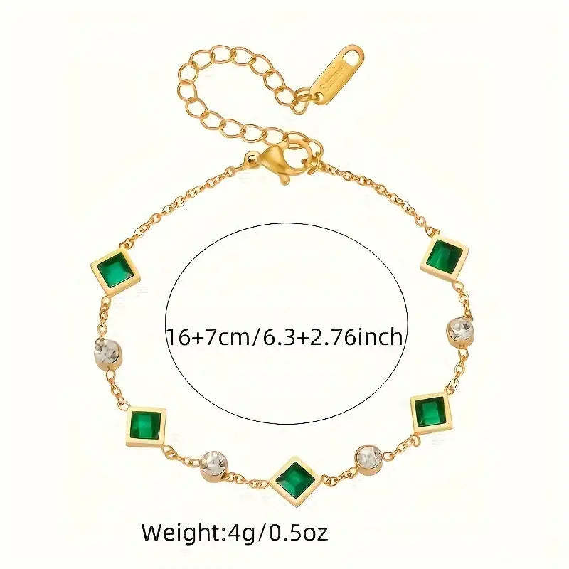 Fashion Gold-plated Titanium Steel Square Emerald Inlaid Rhinestone Bracelet Weloria