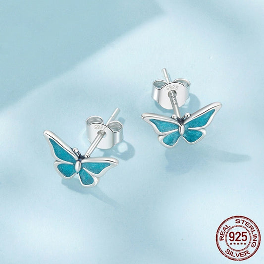 S925 Sterling Silver Blue Butterfly Small Ear Studs Weloria